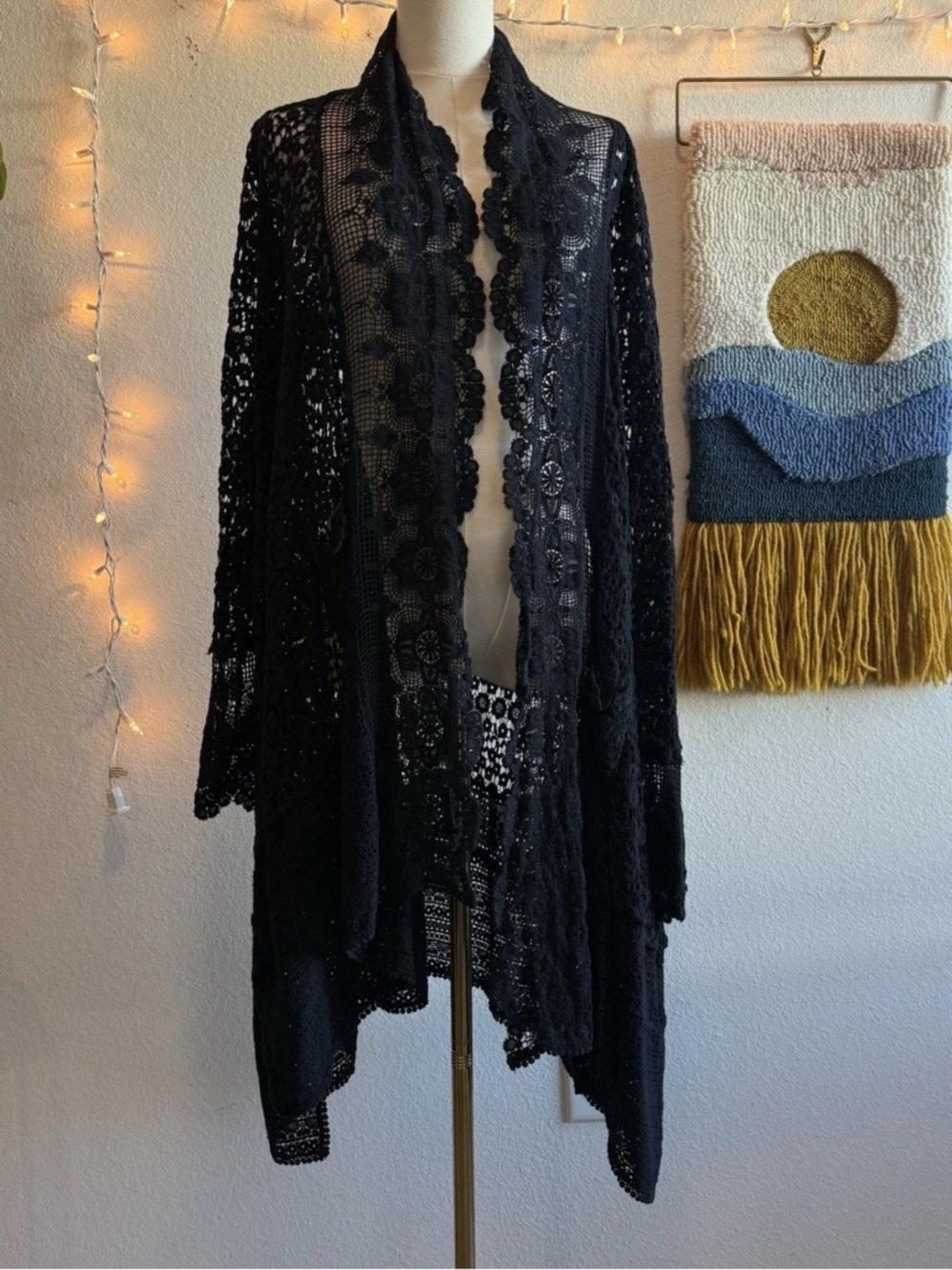 Johnny Was Black Boho Lace Sweater Open Duster Cardigan Jacket size M